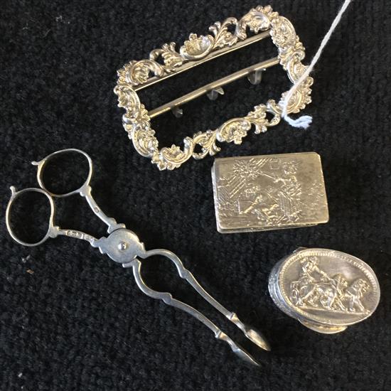 Small silver, inc Dutch embossed patch box, oval patch box, acanthus scroll belt buckle & pair sugar nips